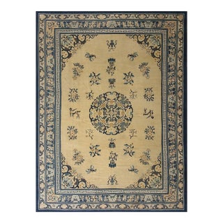 1920s Beige Floral Classic Greek Key Deco Antique Chinese Peking Knotted Rug For Sale