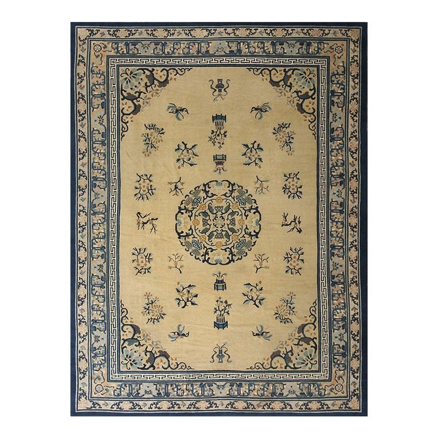 1920s Beige Floral Classic Greek Key Deco Antique Chinese Peking Knotted Rug For Sale