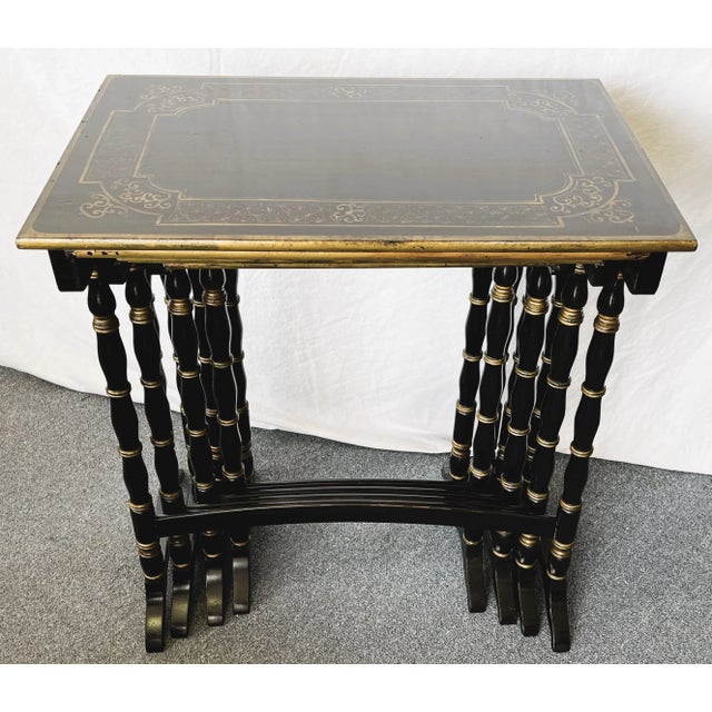 Vintage Hollywood Regency Nesting Tables in Ebony Finish With Gold Painted Accents- Set of 4 For Sale In West Palm - Image 6 of 13