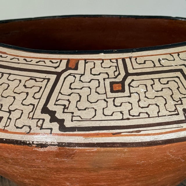 Monumental Shipibo Folk Art Polychrome Geometric Wood-Fired Vessel For Sale - Image 9 of 12