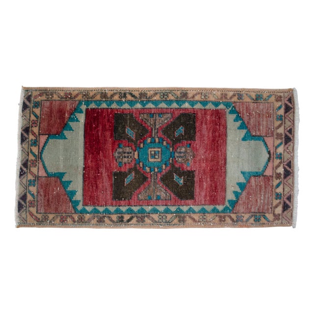 Vintage Turkish Rug 16x31 Red Teal Small Wool Mat Hand-Knotted Entry Decor This vibrant Konya yastik rug serves as a...