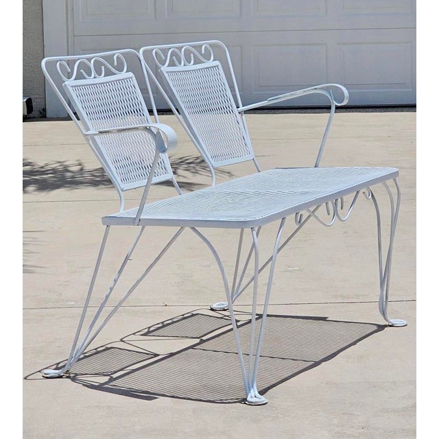 Vintage Mid-Century Modern Russell Woodard Style Wrought Iron Patio Settee Bench – Hollywood Regency Salterini Style Garden Loveseat For Sale - Image 4 of 17