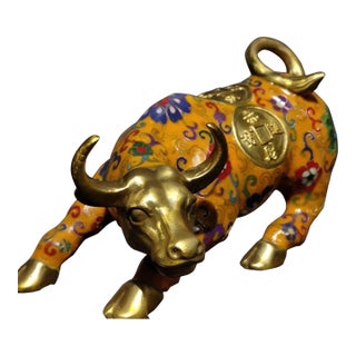 Vintage Cloisonne Enamel Bull Figurine – 9.8" Yellow Ground Gilt Ox Sculpture For Sale