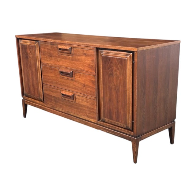 Mid-Century Modern Walnut Buffet With Sculpted Drawer Pulls- Restored For Sale - Image 4 of 13