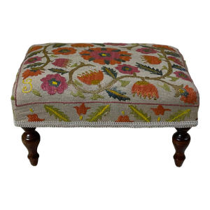 Antique Suzani Embroidered Footstool – Silk Hand-Stitched Needlepoint