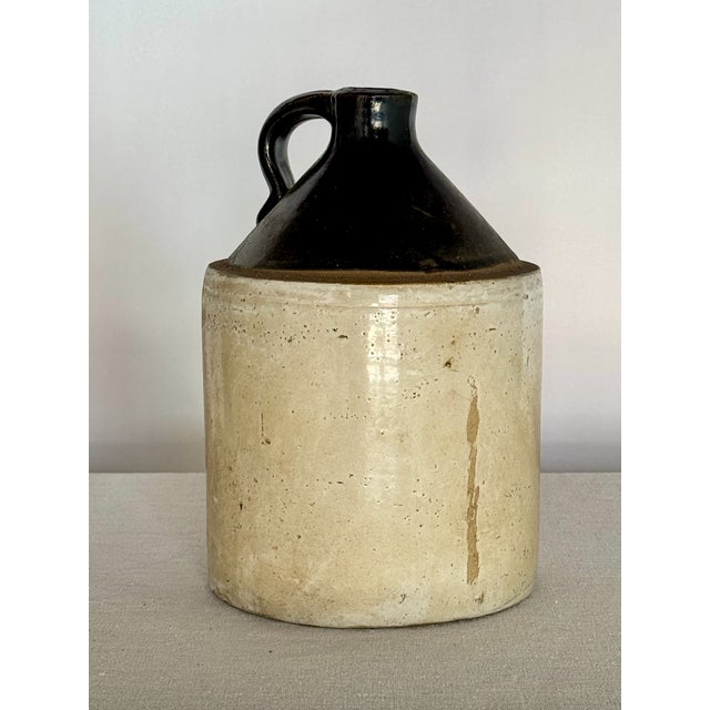 1900s Antique Salt Glaze Stoneware Jug Cream and Brown Colored, great patina