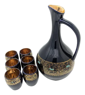 Vintage 1980s Regency Navy Blue and Gold Carafe & Shot Glass Set - 7 Pieces