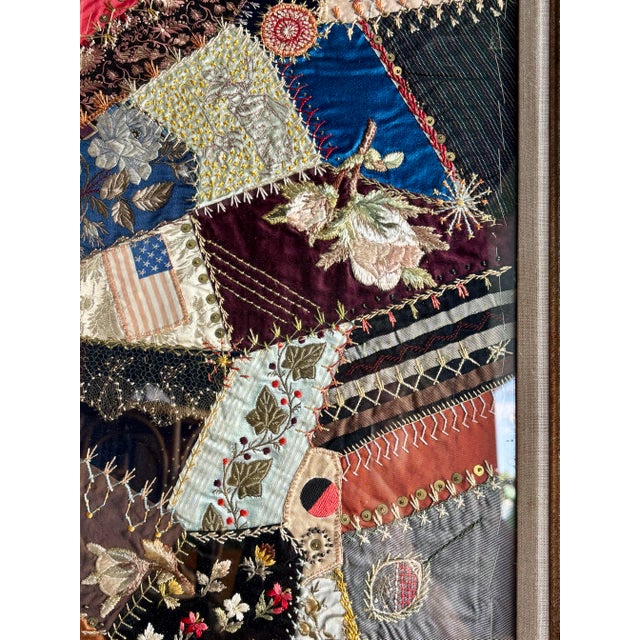 Late 19th Century 19th C Victorian Style Textile - Framed Crazy Quilt Panels With Embroidery For Sale - Image 5 of 8