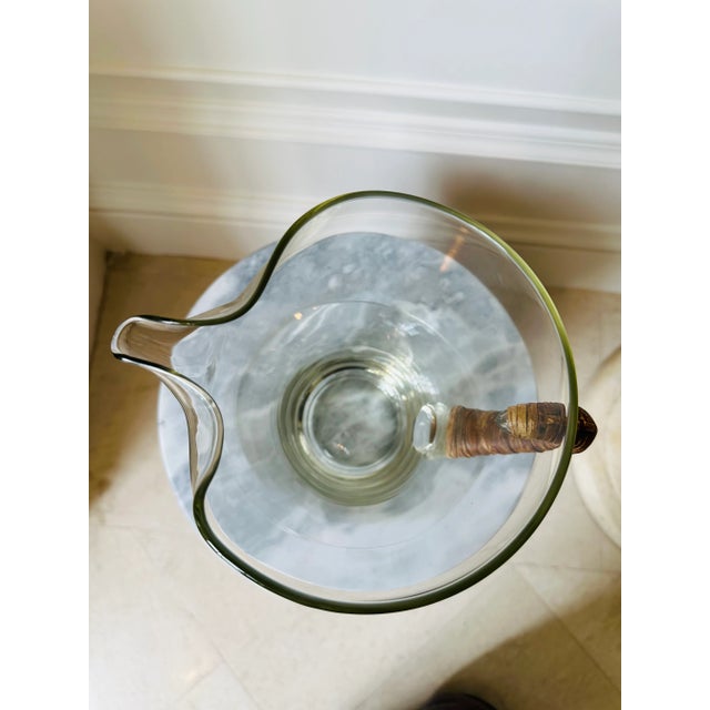 1960s Vintage Carl Aubock Style Pitcher With Rattan Wrapped Handle and Attached Underplate For Sale - Image 5 of 12