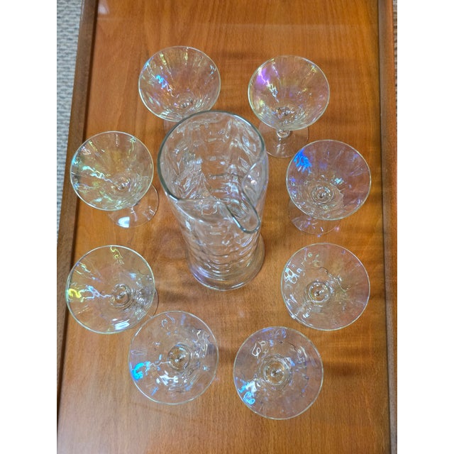 Beautiful Mid-Century Modern vintage iridescent glass martini pitcher and 8 matching martini glasses! Made by the West...