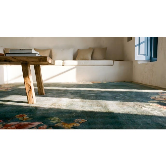 1930s Green Floral Minimalist Antique Chinese Art Deco Carpet 8'10" X 11'7" Knotted Wool Rug For Sale - Image 14 of 14