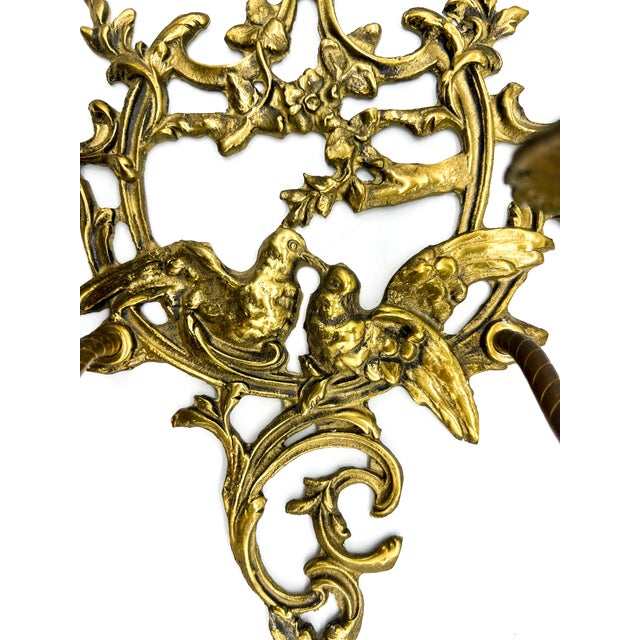 Pair of Vintage Cast Brass Lovebird Wall Candle Sconces – Hollywood Regency / French Country For Sale In Houston - Image 6 of 15