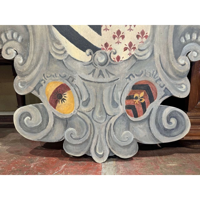Wood Pair Early 20th Century Italian Carved and Painted Wall Hanging Heraldic Shields For Sale - Image 7 of 11