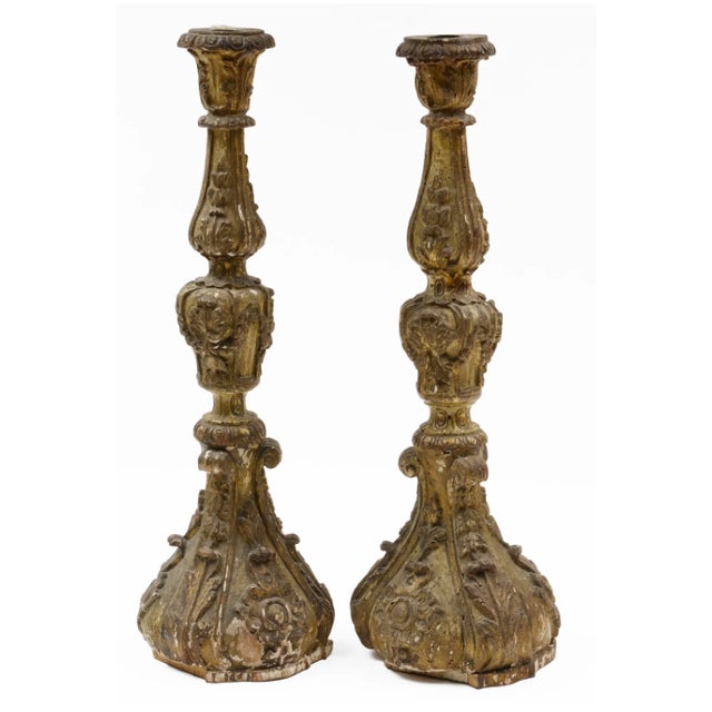 Pair of Italian Baroque Carved Giltwood Candlesticks – 28" Tall For Sale - Image 4 of 13