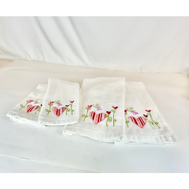 Cerise 1990s Boho Chic Valentines Heart Tip and Hand Towels - Set of 4 For Sale - Image 8 of 9