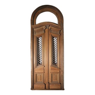 Antique Arched Large Carved Double Entry Doors For Sale