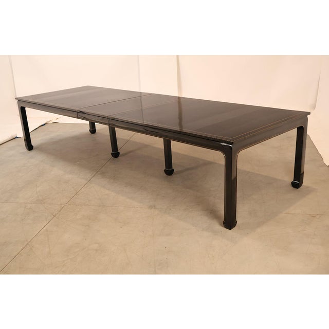 Hollywood Regency Custom Black Lacquered 12 Foot Extendable Dining Table With Gold Line Inlay For Sale - Image 3 of 18