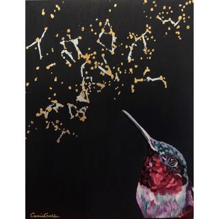 Solaire by Carrie Goller | Oil with Gold and Silver on Wood Panel Hummingbird with golden sparks For Sale