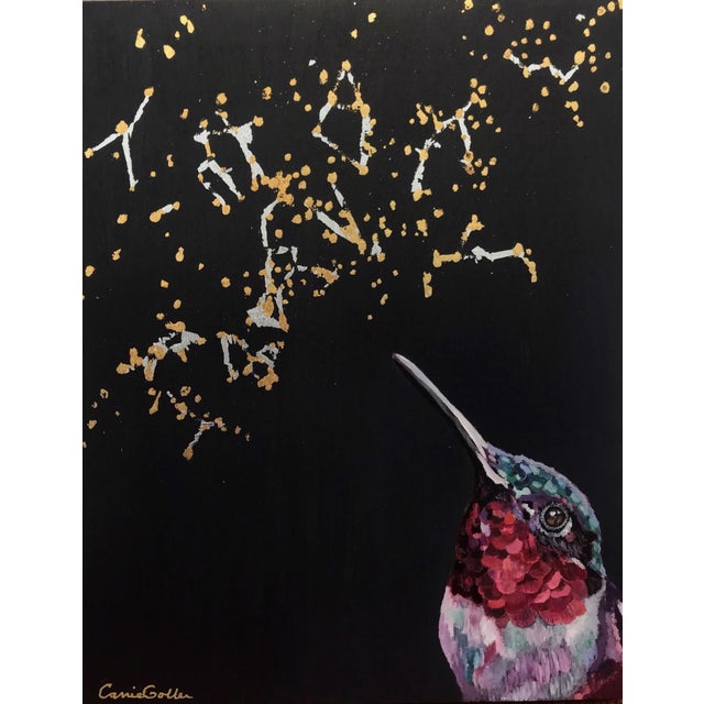Solaire by Carrie Goller | Oil with Gold and Silver on Wood Panel Hummingbird with golden sparks For Sale