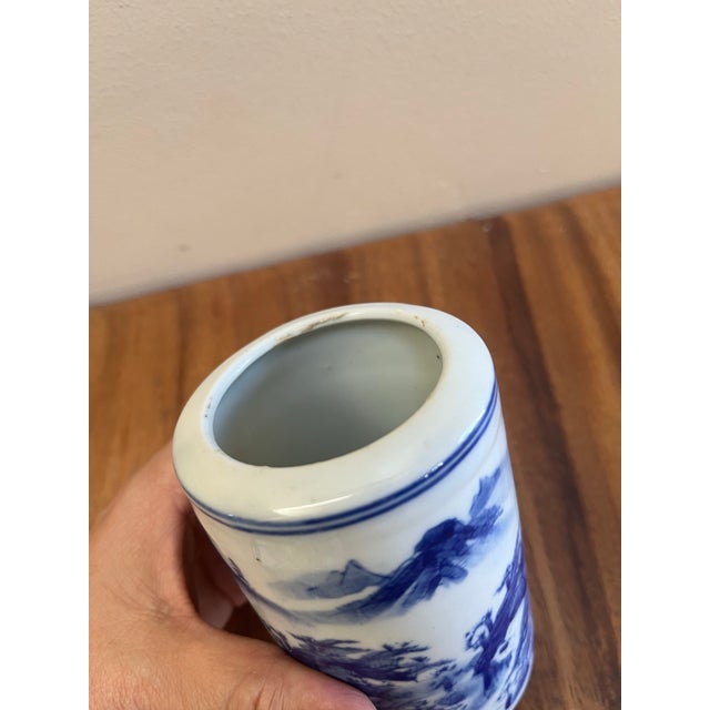 Ceramic Chinoiserie Blue and White Vintage Brush Pot With Traditional Hands Painted Scenery For Sale - Image 7 of 9