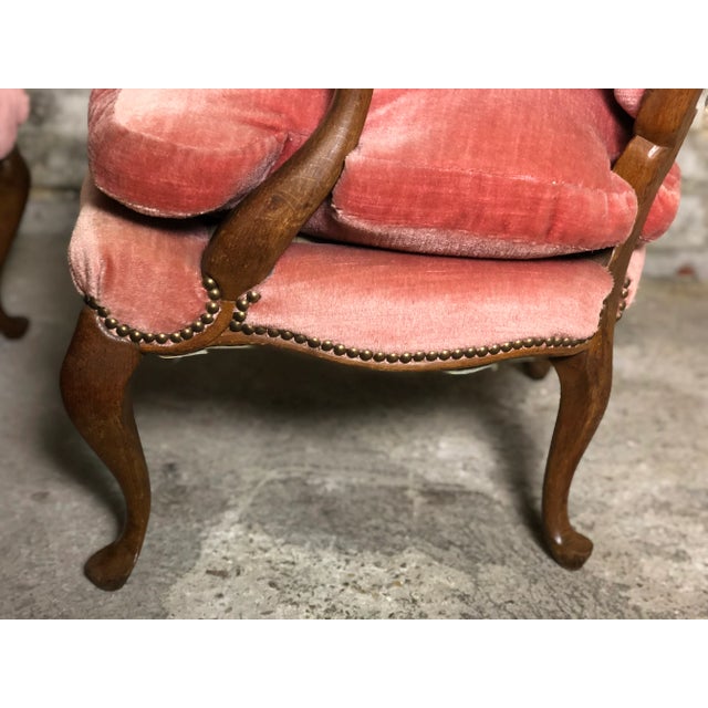 Set of Mid-Century English Oak and Pink Velvet Lounge Chairs For Sale - Image 9 of 13