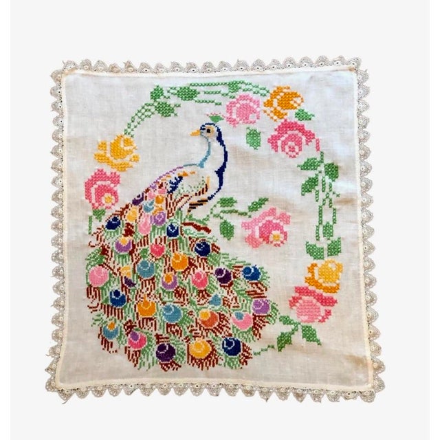 Textile Vintage Peacock Embroidered Tapestry Art Cloth Panel For Sale - Image 7 of 12