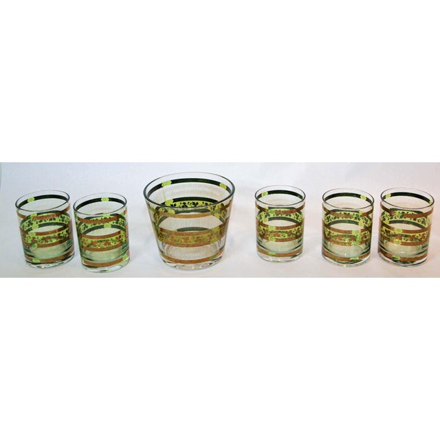 Vintage Culver Barware Cocktail Set Green and Gold Rock Glasses and Ice Bucket For Sale - Image 14 of 17