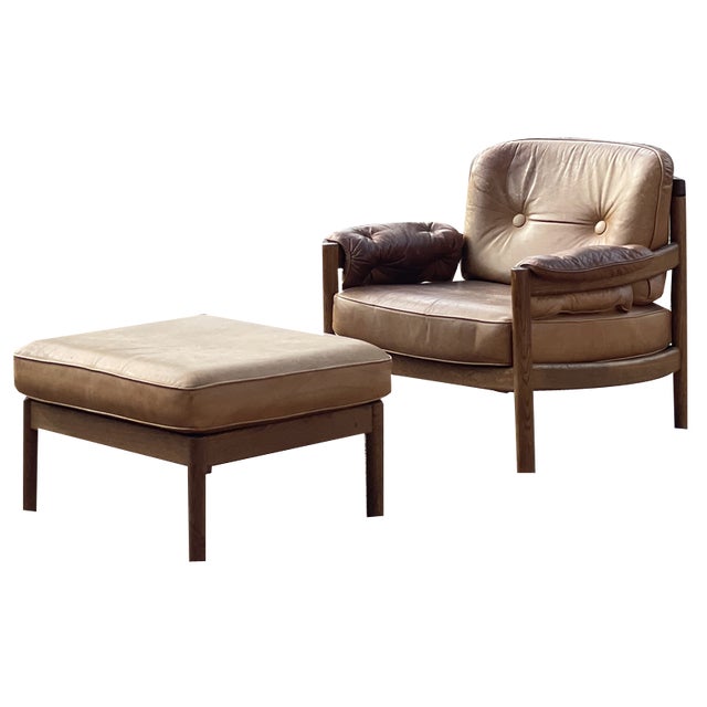 Set of Leather Lounge Chair with Footstool, 1960s For Sale