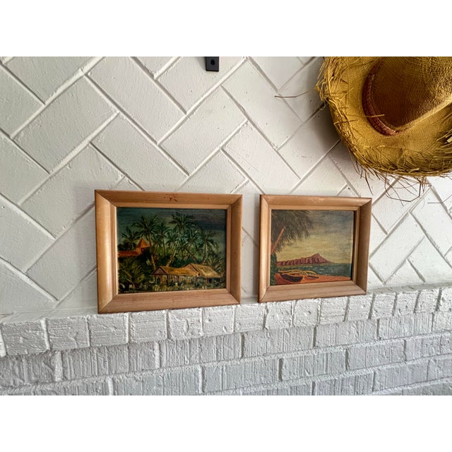 Wood Vintage Set of 2 Tiki Oil Paintings W/Light Wood Frames - Signed For Sale - Image 7 of 7