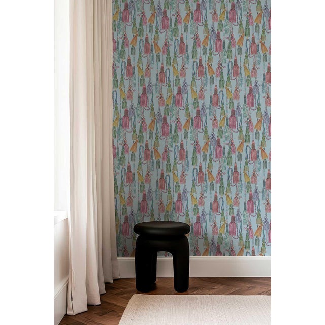 Blue Tassel Trellis Grasscloth Wallpaper by House Party | Silk Ribbon Blue | 8 Yards For Sale - Image 8 of 8