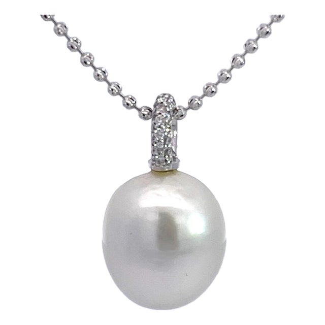 South Sea Pearl & Diamond Pendant Necklace in 18k White Gold, Gia For Sale