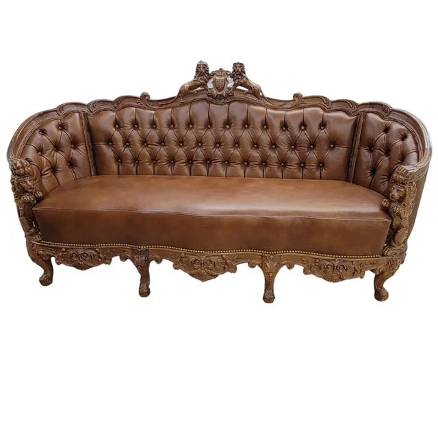 Antique Italian Rococo Style Figural Tufted Sofa and Chair Parlor Set Newly Reupholstered in Leather For Sale - Image 9 of 13