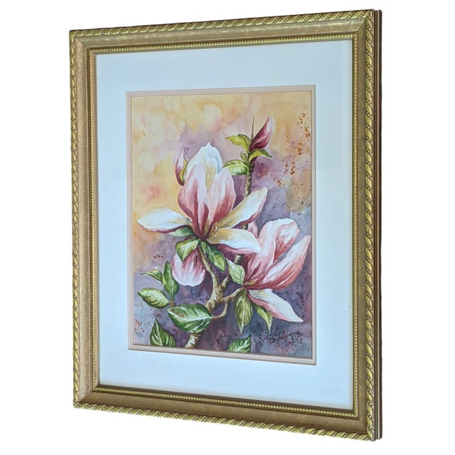 Shabby Chic Vintage Original Budding Pink Lily Flower Still Life Watercolor Painting For Sale - Image 3 of 8