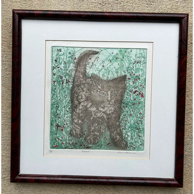 Pistachio Original Hand Colored Etching of a Kitten in Tall Grass For Sale - Image 8 of 8