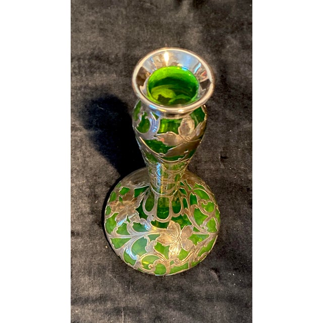 1930s Antique Loetz Sterling Art Nouveau Green Glass Vase For Sale - Image 5 of 9