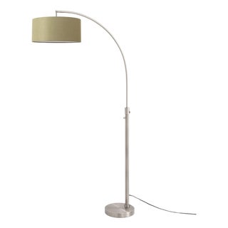 Float Chairside Arc Lamp 75" H - Satin Nickel Body, Avocado Linen Drum Shade, Dimmable, Bulb Included For Sale