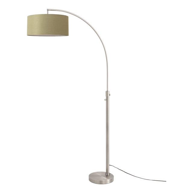 Float Chairside Arc Lamp 75" H - Satin Nickel Body, Avocado Linen Drum Shade, Dimmable, Bulb Included For Sale