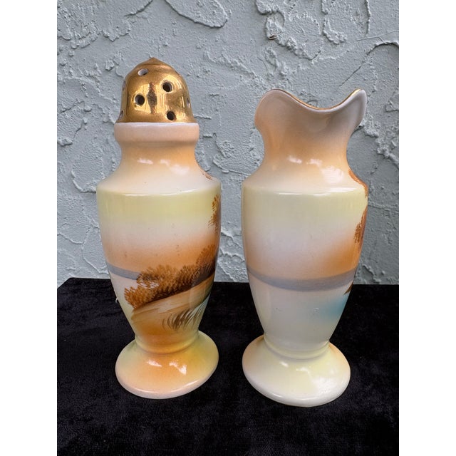 American Vintage Noritake “Tree in the Meadow” Hand-Painted Berry Sugar Shaker & Creamer Set, Japan For Sale - Image 3 of 9