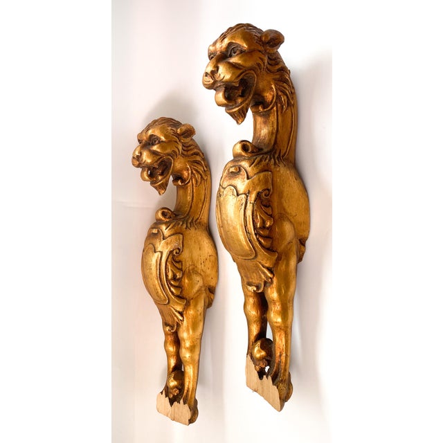 Large 20th Century Gold Gilt Wood Wall Hanging Lion Carvings a Pair