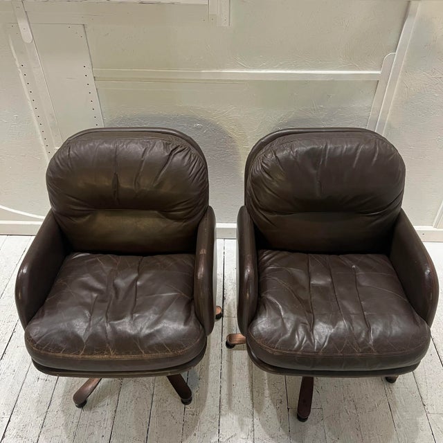 Mueller Furniture Brown Leather and Brass Propeller Base Arm Chairs by Mueller Furniture For Sale - Image 4 of 12