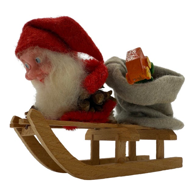 Vintage German Erzgebirge Pinecone Santa on Wooden Sled – Mid-Century Christmas Folk Art With Toy Train For Sale
