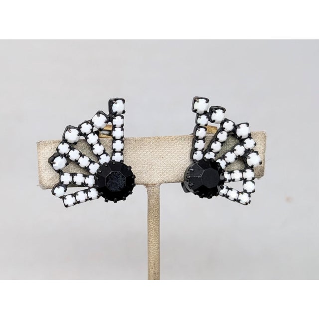 1960s Vintage 1960s Signed Hobe Japanned Blue & White Rhinestone Clip Earrings-2 Pieces For Sale - Image 5 of 7