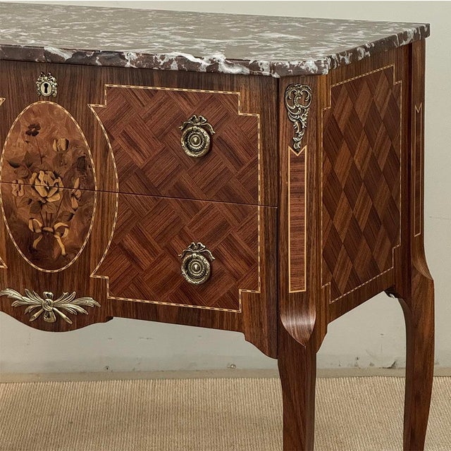 Antique French Louis XVI Style Marquetry Marble Top Commode For Sale In Dallas - Image 6 of 18
