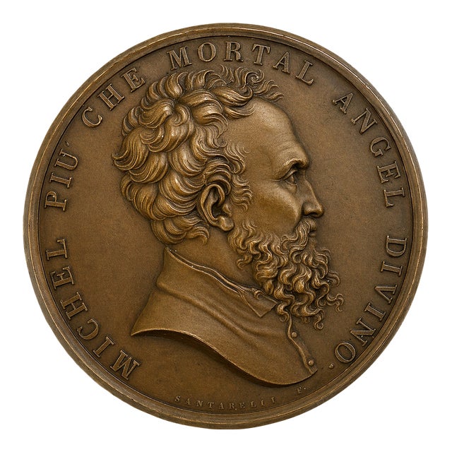 19th Century Bronze Medal Michelangelo Buonarroti by Santarelli Florence Italian Art Medal For Sale