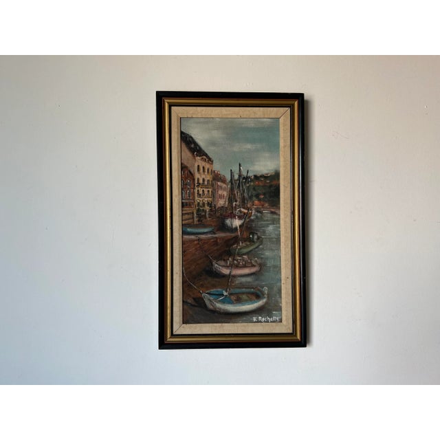 Rustic 70's F. Rochelle Italian Village Corridor Harbor With Docked Boats Impressionist Oil Painting For Sale - Image 3 of 13