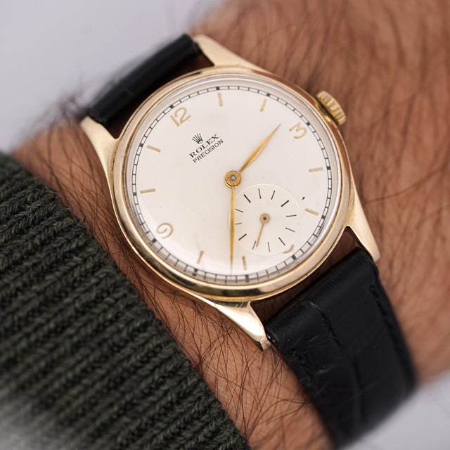 Art Deco Vintage Rolex Precision 12325 Gold Manual Wind Sub Dial on Leather Watch For Sale - Image 3 of 10