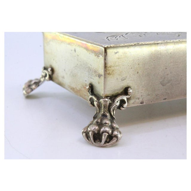 Silver Jewelry Box with Floral Motifs Engraved on the Lid and Resting on Four Claw-Shaped Feet For Sale - Image 5 of 8