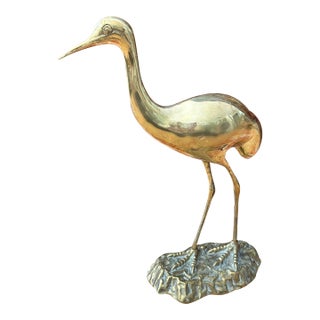 Mid-Century Solid Brass Crane Sculpture, C. 1960s For Sale