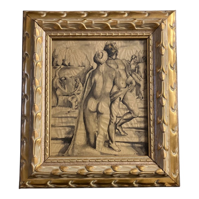 1930’s Classical Nude Watercolor Painting Signed Chunky Gold Frame For Sale