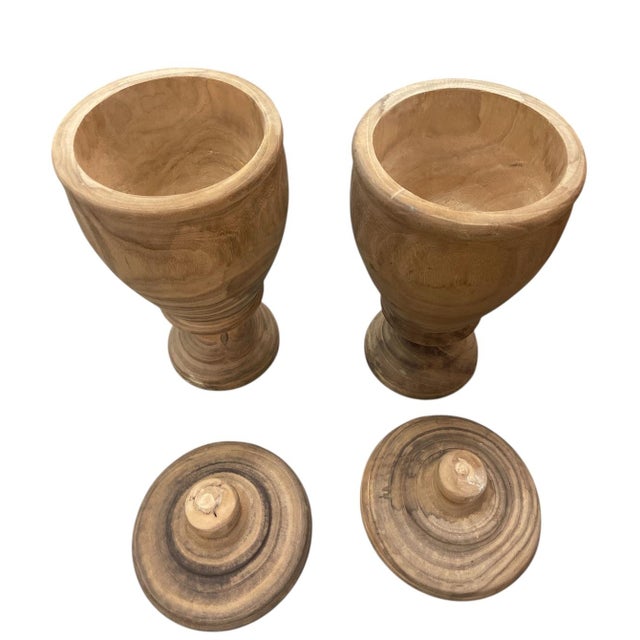 2000 - 2009 Hand-Turned Natural Wood Urns With Tiered Lids - Pair For Sale - Image 5 of 7